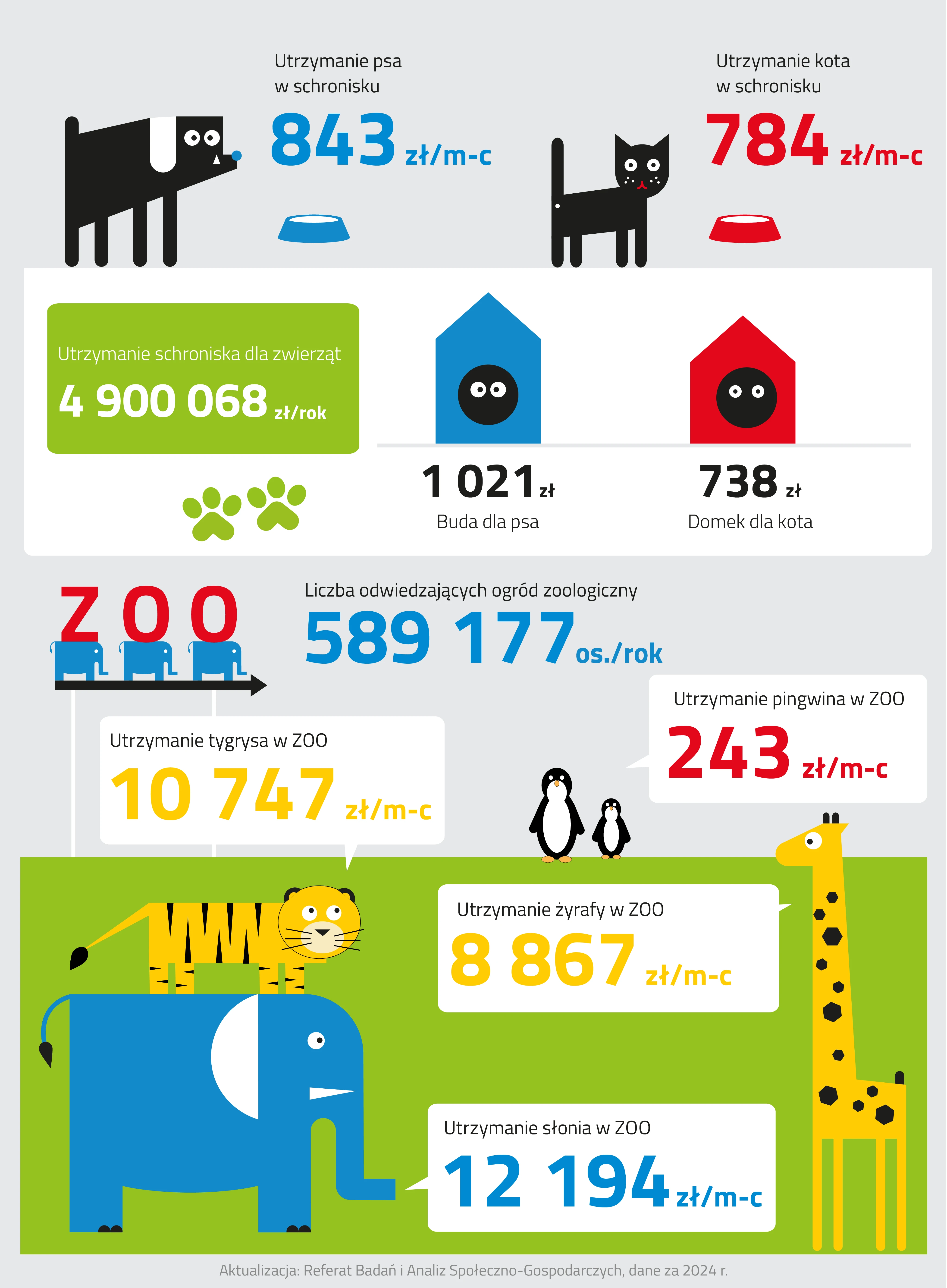 Infografika opieka nad zwierzętami składa się z czterech mniejszych ilustracji.
Pierwszy z nich przedstawia czarnego psa z białym uchem i niebieskim nosem oraz czarnego kota.
Po prawej stronie psa znajduje się niebieska miska z białym wnętrzem, a nad nią umieszczony jest koszt utrzymania psa w schronisku, który wynosi osiemset czterdzieści trzy złote miesięcznie. Po prawej stronie kota znajduje się czerwona miska z białym wnętrzem. Nad nią znajduje się koszt utrzymania kota w schronisku, który wynosi siedemset osiemdziesiąt cztery złote miesięcznie.
Pod obrazkiem zwierząt znajduje się na białym tle buda dla psa oraz domek dla kota. Buda jest w kolorze niebieskim, a w jej środku znajduje się czarny pies z białymi oczami. Pod budą znajduje się koszt zakupu budy dla psa, która wynosi tysiąc dwadzieścia jeden złotych.
Po prawej stronie budy dla psa jest czerwony domek dla kota, w którym znajduje się czarny kot. Pod nim został zapisany koszt domku dla kota, który jest równy siedemset trzydzieści osiem złotych. W lewej części tej ilustracji znajduje się zielony prostokąt z zaokrąglonymi rogami. Zapisany jest w nim koszt utrzymania schroniska dla zwierząt, który wynosi cztery miliony dziewięćset tysięcy sześćdziesiąt osiem złotych za rok. Pod prostokątem znajduje się odbicie dwóch psich łapek w kolorze zielonym.
Kolejna część grafiki przedstawia dwa pingwiny, dużego i małego. Z ich prawej strony w białym dymku przedstawiony jest koszt utrzymania pingwina w ZOO, który wynosi dwieście czterdzieści trzy złote miesięcznie.
Po lewej stronie znajduje się znak wskazujący kierunek do ZOO. Składa się on z czarnej strzałki skierowanej w prawą stronę oraz z trzech niebieskich słoni stojących na strzałce. Na plecach każdego ze słoni znajduje się dodatkowo po jednej czerwonej literze słowa ZOO. Obok znaku znajduje się roczna liczba odwiedzających ogród zoologiczny, która wynosi pięćset osiemdziesiąt dziewięć tysięcy sto siedemdziesiąt siedem osób.
Ostatnia część grafiki przedstawia tygrysa, słonia i żyrafę. Nad żółtym tygrysem w czarne paski w białym dymku znajduje się wartość utrzymania tygrysa w ZOO, która wynosi dziesięć tysięcy siedemset czterdzieści siedem złotych miesięcznie. W lewym dolnym rogu obrazka, pod tygrysem znajduje się niebieski słoń z białym uchem i kłem. Po prawej stronie słonia w białym dymku znajduje się wartość utrzymania słonia w ZOO, która jest równa dwanaście tysięcy sto dziewięćdziesiąt cztery złote miesięcznie.
W prawym dolnym rogu znajduje się żółta żyrafa z czarnymi cętkami, czarnymi ossikonami potocznie zwanymi rogami oraz czarnym ogonem. Po jej lewej stronie w białym dymku jest wartość utrzymania żyrafy w ZOO, która wynosi osiem tysięcy osiemset sześćdziesiąt siedem złotych miesięcznie.
Pod grafiką znajduje się informacja o tym, że dane pochodzą z dwa tysiące dwudziestego czwartego roku, a ich aktualizacją zajmuje się Referat Badań i Analiz Społeczno-Gospodarczych.