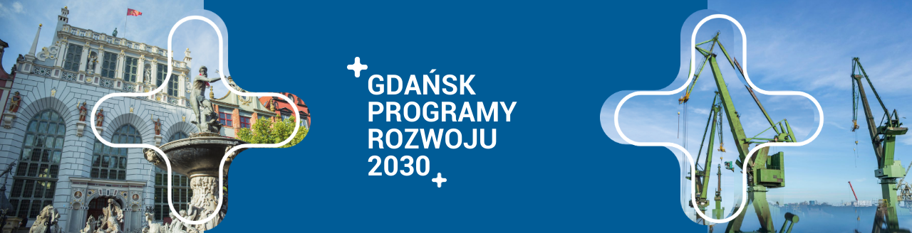 Baner przedstawia tytuł Gdańsk Programy Rozwoju 2030 na niebieskim tle, z wkomponowanymi zdjęciami fontanny Neptuna i żurawi stoczniowych otoczonymi białymi liniami w kształcie krzyża