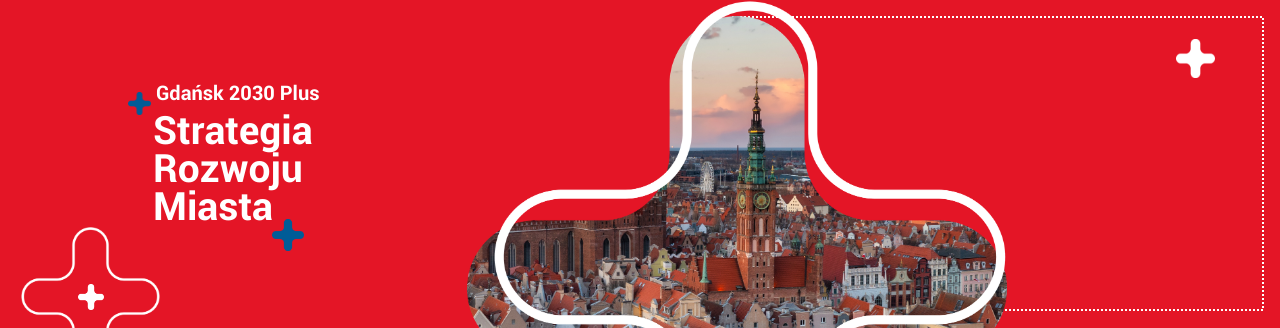 Baner przedstawia tytuł strategii rozwoju miasta Gdańsk 2030 Plus na czerwonym tle z wkomponowanym zdjęciem panoramy Gdańska, otoczonym białymi liniami w kształcie krzyża