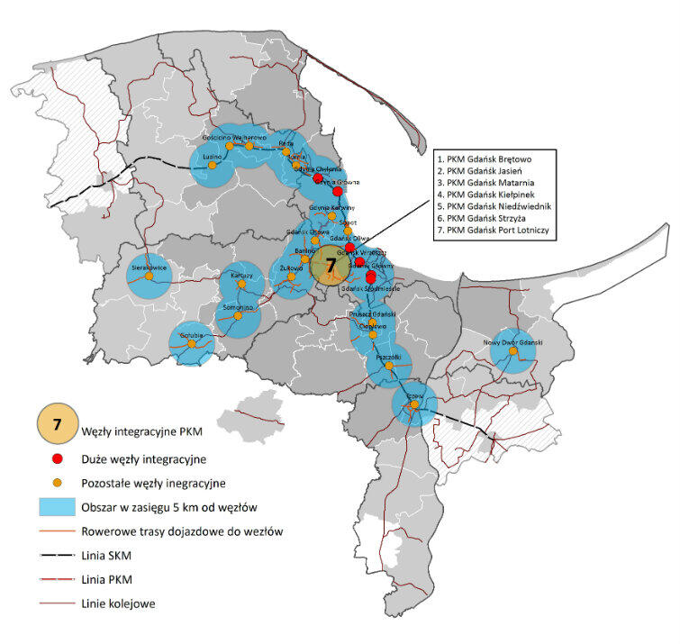 Mapka 25 węzłów integracyjnych, które mają być zrealizowane w ramach rozwoju infrastruktury transportu zbiorowego dla Obszaru Metropolitalnego Gdańsk-Gdynia-Sopot.