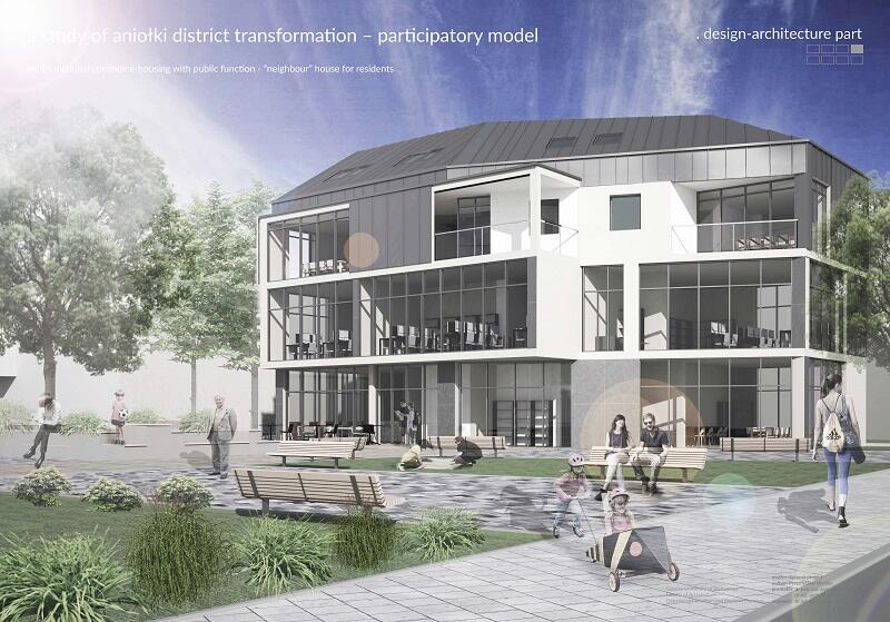 Fragment nowego centrum dzielnicy, na pierwszym planie dom sąsiedzki