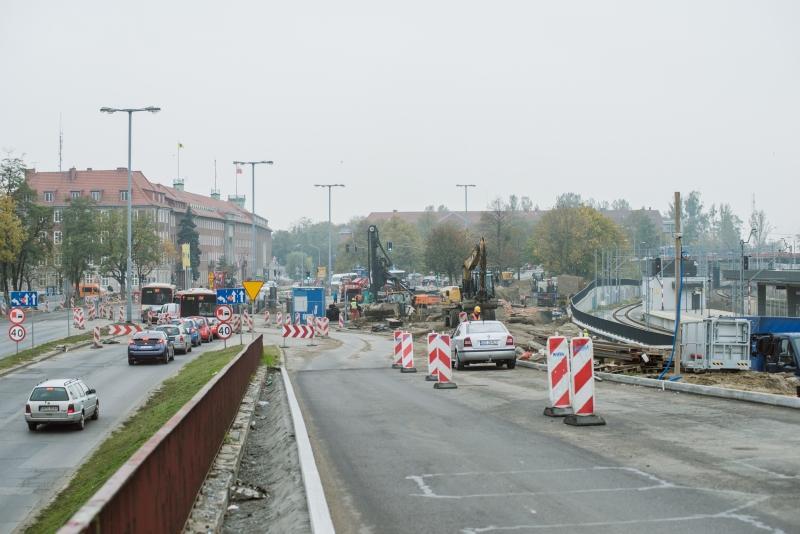 Widok na trakt Świętego Wojciecha. Po lewej budynki Urządów Marszałkowskiego i Wojewódzkiego. W oddali po prawej wiadukt Biskupia Górka