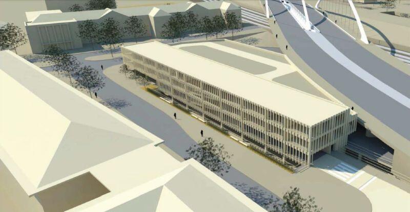 Część nowego wiaduktu oraz planowany wielopoziomowy parking