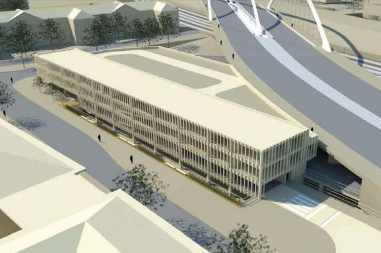 Część nowego wiaduktu oraz planowany wielopoziomowy parking
