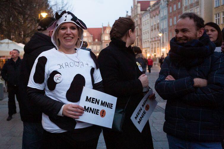Men mnie mnie i krowa - częsty widok podczas demonstracji. To nawiązanie z jednej strony do fraszki Jana Sztaudyngera z egzaminu gimnazjalistów, z drugiej do obietnic wyborczych Jarosława Kaczyńskiego