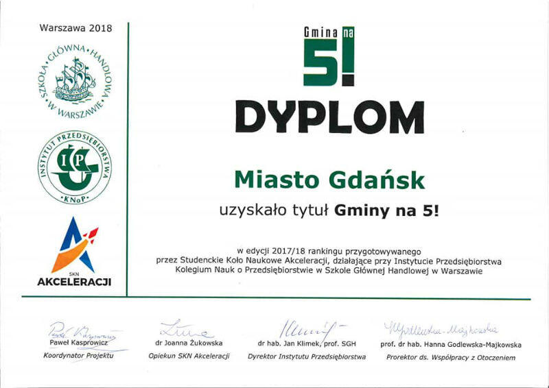 Dyplom dla Gdańska z ubiegłorocznej edycji 2017/2018