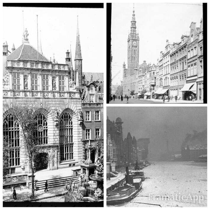Po lewej: Dwór Artusa 1933 - 1944, u góry: Ratusz Główny i ul. Długa 1923 - 1944, na dole: Motława pod lodem 1920 - 1939