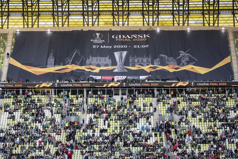 Baner finału Ligi Europy został ułożony na trybunie Stadionu Energa Gdańsk we wrześniu 2019 roku przed meczem Lechii z Lechem Poznań