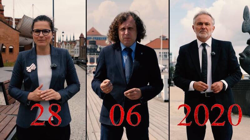 Finalna scena filmiku. Aleksandra Dulkiewicz, Jacek Karnowski i Wojciech Szczurek mówią jednocześnie: - Pobijmy rekord 30-lecia