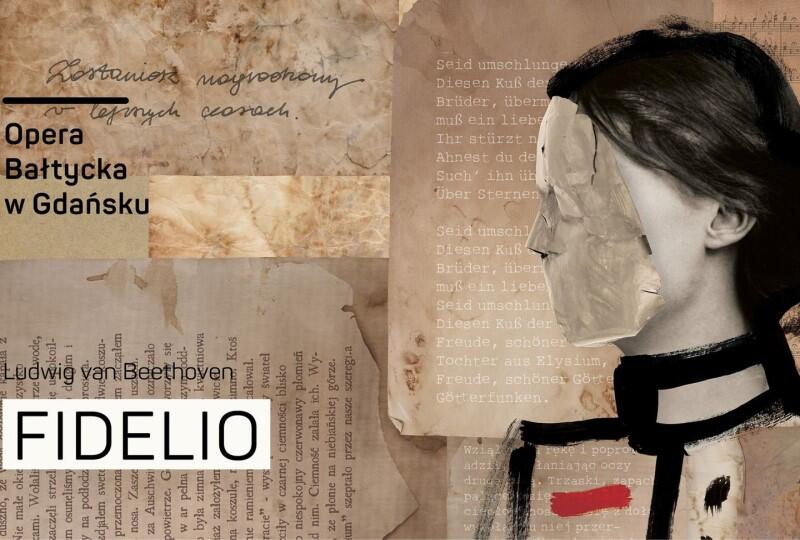 Plakat do premiery spektaklu Fidelio w Operze Bałtyckiej. Jest na nim twarz kobiety z profilu, w czarnym koczku na głowie i w masce na twarzy