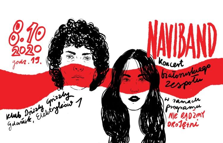 Grafika związana z wydarzeniem - portrety czarnym piórkiem chłopaka i dziewczyny z zespołu Naviband i informacje, gdzie odbędzie się koncert i kiedy
