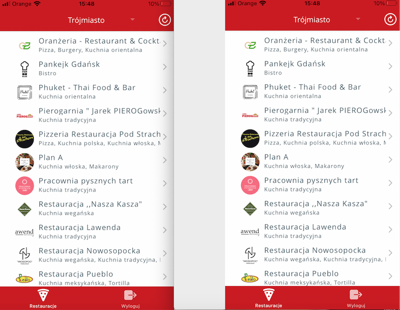 Dwa zdjęcia przedstawiają screeny z telefony z listą restauracji