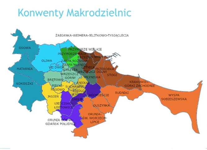 Grafika przedstawia mapę Gdańska z podziałem na dzielnice, podzielonymi w przypadku organizacji konwentów makrodzielnicowych