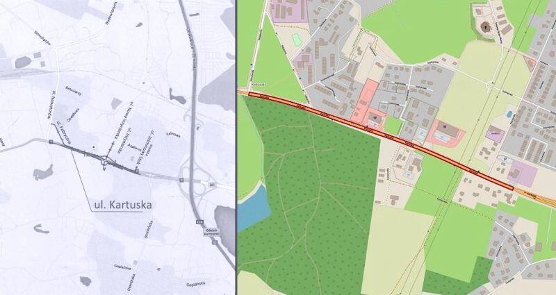 mapka przedstawiająca miejsce prowadzonej przebudowy ul. Kartuskiej między ul. Otomińską a Nowatorów