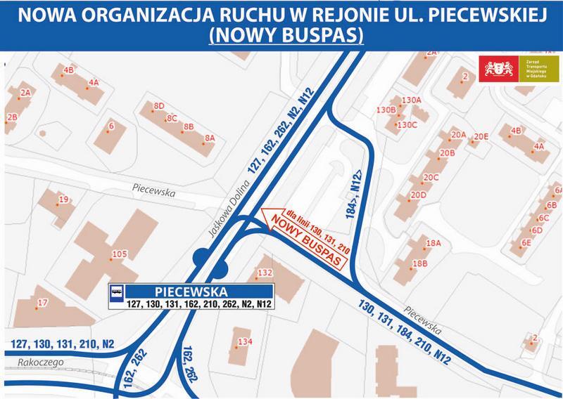 Fragment miasta z zaznaczonymi trasami oraz nowym buspasem