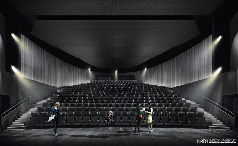 Wizualizacja nowej sali teatralnej, widok ze sceny na widownię. Wszystko utrzymane w czerni. Widownia liczy około 340 miejsc