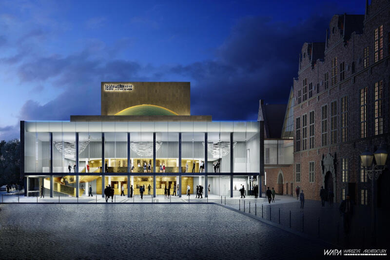 Wizualizacja budynku Teatru Wybrzeże po modernizacji z zewnątrz, widok od strony Targu Węglowego. Na pierwszym planie widać brukową kostkę, dalej nowoczesny budynek teatru o przeszklonej fasadzie, utrzymany w szarościach, bieli i złocie. Po prawej stronie zabytkowy budynek Wielkiej Zbrojowni z cegły