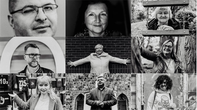 Kolaż zdjęć dziewięciu osób w różnym wieku, czarno białe fotografie