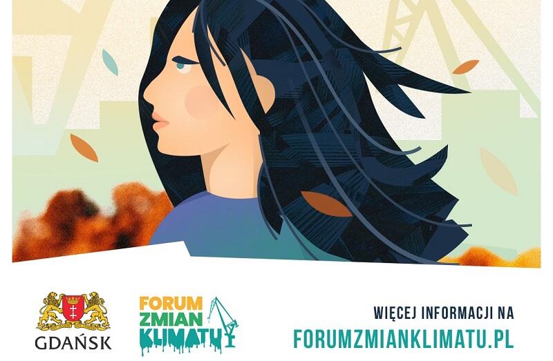 grafika ilustrująca Gdańskie Forum Zmian Klimatu, dziewczyna o rozwianych włosach, liście latające w powietrzu, napis Gdańskie Forum.... i herb Gdańska