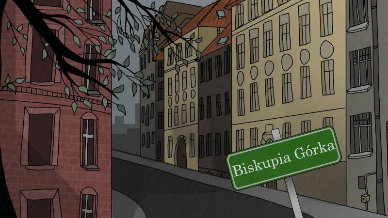 ilustracja graficzna prezentująca ulicę otoczoną domami, widoczny zielony znak z napisem Biskupia Górka