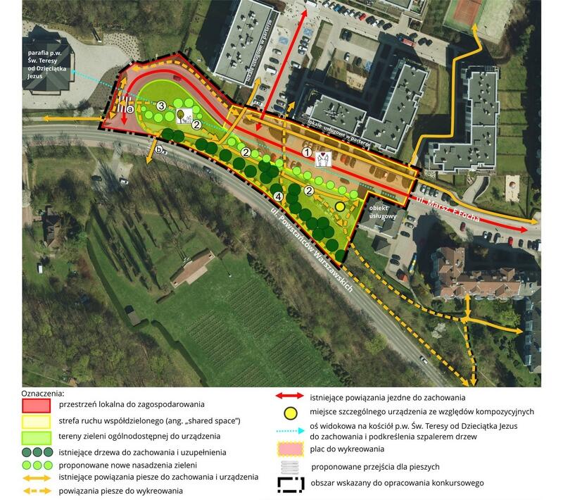 Fragment mapy miasta. Na nią naniesione kreski i kropki w różnych kolorach. Pod mapą legenda