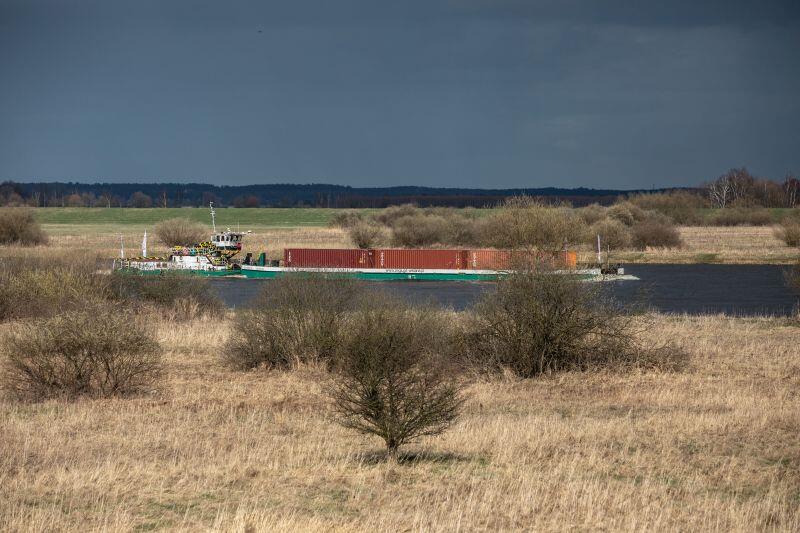barka płynie rzeką, otacza ją roślinność rosnąca na brzegu