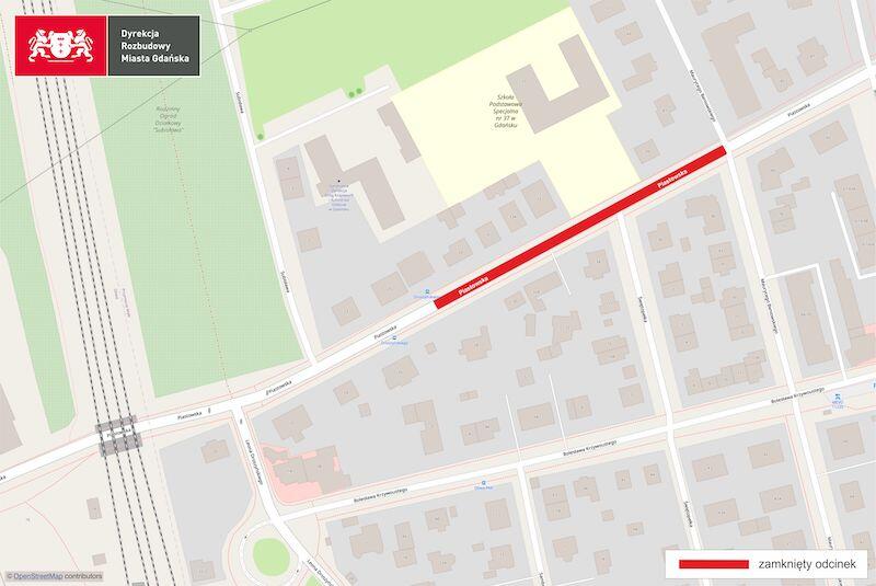 Zielona mapa z zaznaczonym na czerwono fragmentem ulicy