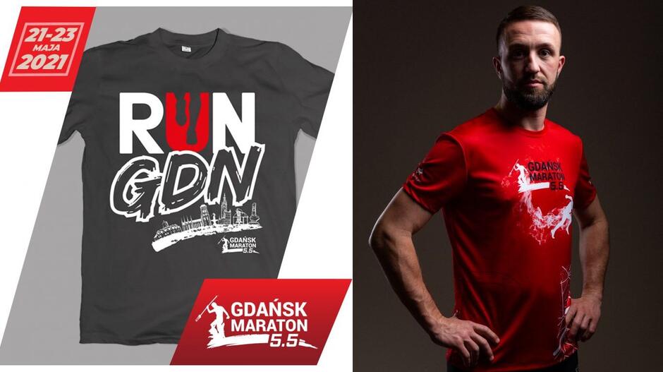 Koszulki 5.5 Gdańsk maraton. Po lewej bawełniana koszulka, która wraz z medalem będzie dołączana do pakietu finishera dla wszystkich, którzy pokonali dystans 42,195 km, po prawej limitowana wersja koszulki z wysokiej jakości materiału coolmax (można zamawiać na stronie partnera technicznego imprezy w cenie 59 złotych sztuka)