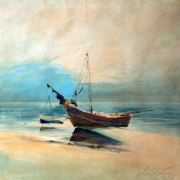 Marian Mokwa, Łódź rybacka , obraz pochodzi z 1936 roku. Artysta malował farbami akwarelowymi na papierze