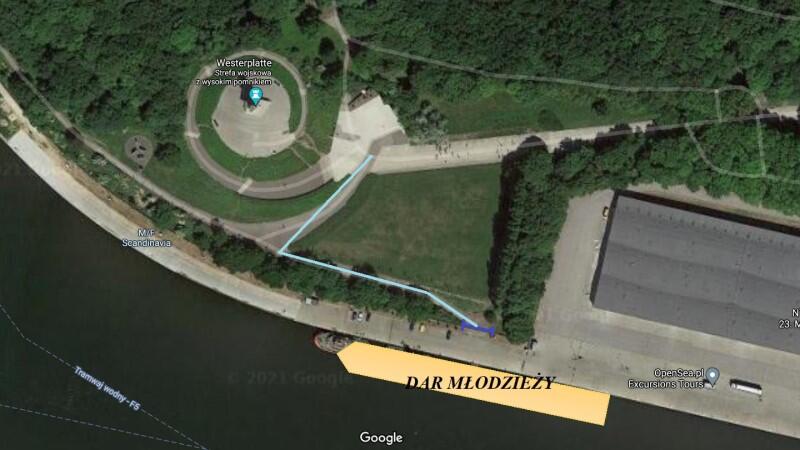 Mapka wskazuje miejsce nieopodal pomnika Westerplatte, gdzie w piątek zacumuje Dar Młodzieży