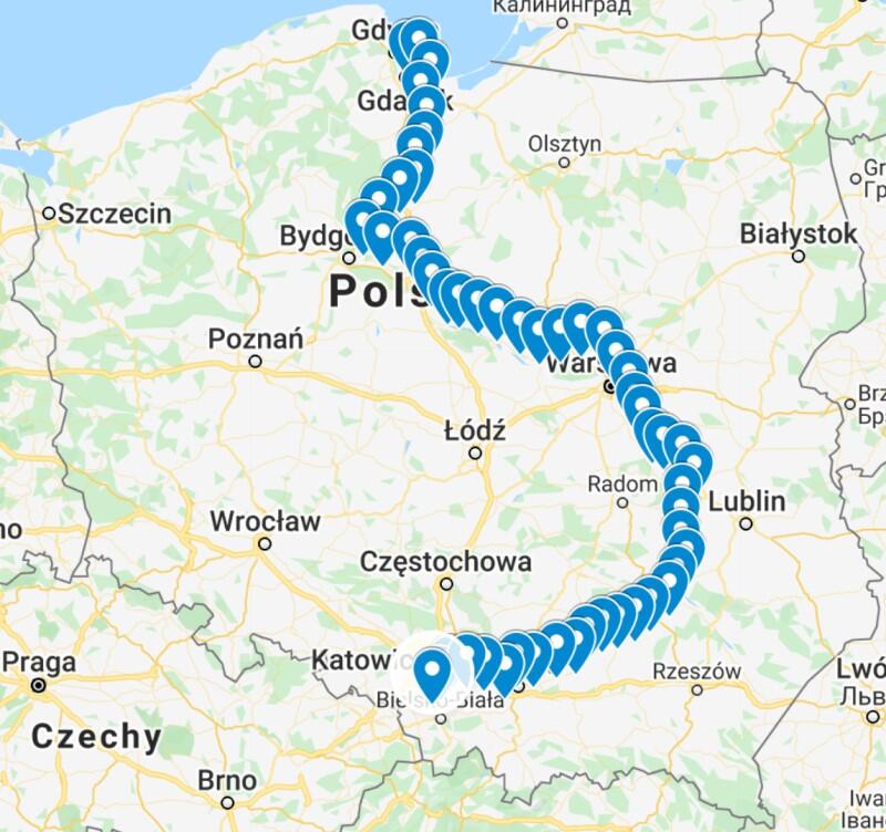 Mapa Polski, na niej oznaczona trasa od źródeł Wisły do Gdańska