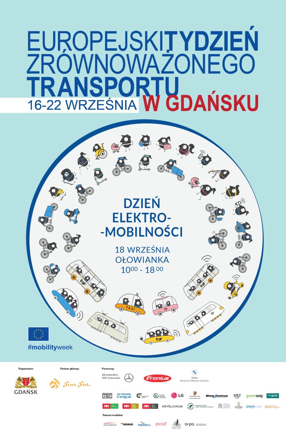grafika zachęcająca do świętowania Europejskiego Tygodnia Zrównoważonego Transportu i Dnia Elektromobilności