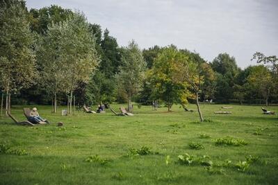 Ławy-leżanki na trawnikach placu wypoczynkowego