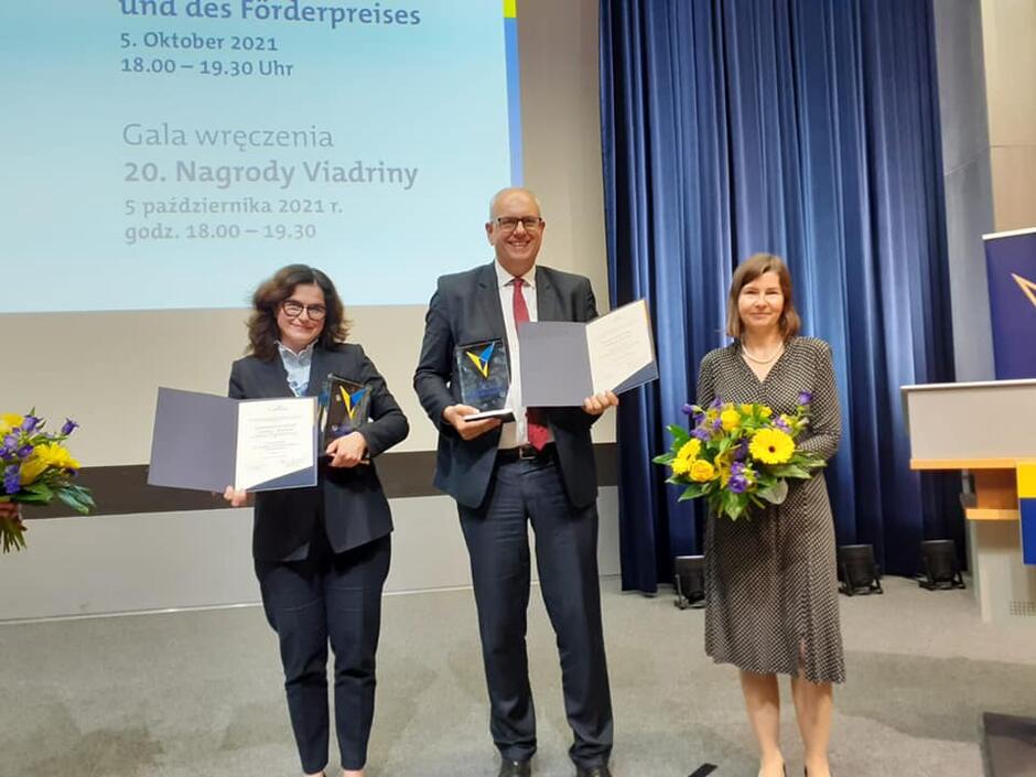 Gala Nagrody Viadriny. Nz. od lewej Aleksandra Dulkiewicz, prezydent Gdańska i Andreas Bovenschulte, burmistrz Bremy