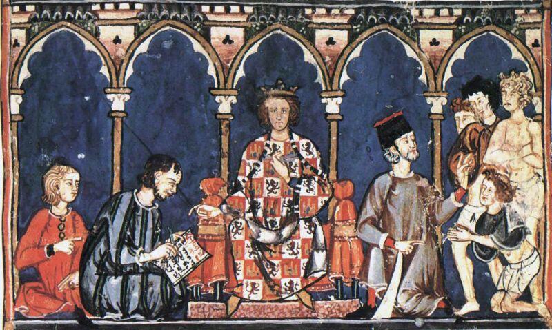 malunek średniowieczny przedstawiający króla i dworzan