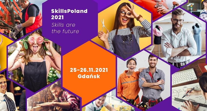 baner promujący Skills Poland 2021, 25 - 26 listopada Gdańsk, kolorowa grafika przestawiająca kobiety i mężczyzn prezenujących różne zawody