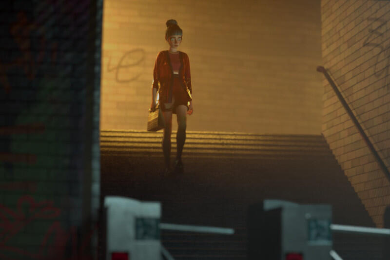 animacja, postać młodziej dziewczyy schodząca po schodach w prześciu do metra
