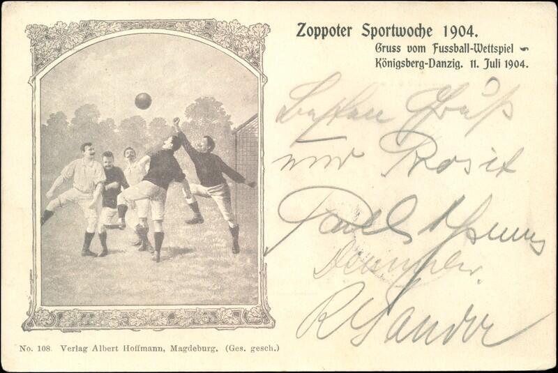 Okolicznościowa pocztówka wydana z okazji meczu między Fussballclub Danzig a Fussballclub Königsberg 13 lipca 1904 r. 