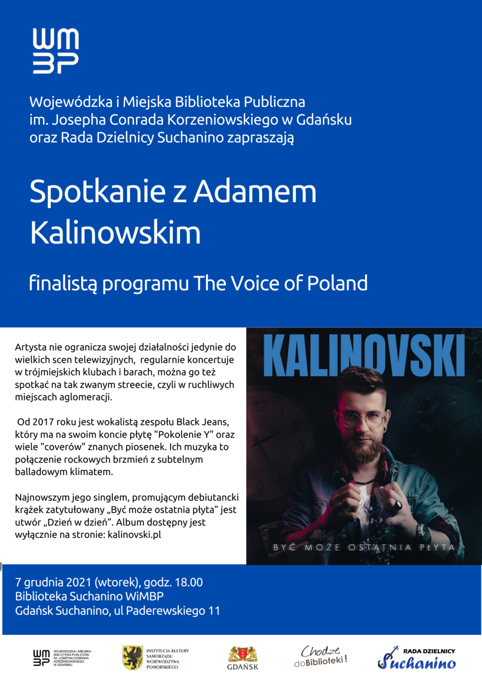 plakat promujący spotkanie z Adamem Kalinowskim, 7 grudnia 2021 r. godz. 18.00 Bibiloteka Suchanino WiMBP