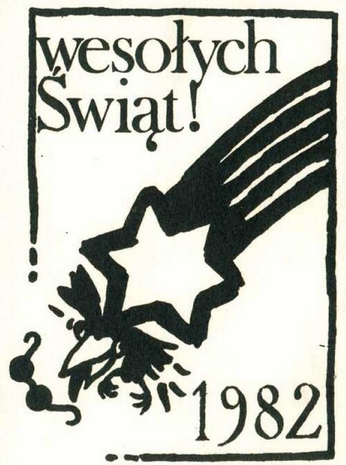 Kartka świąteczna drugiego obiegu, wrona uosabia Wojskową Radę Ocalenia Narodowego, potocznie zwaną „Wrona”, a ciemne okulary to atrybut gen. Wojciecha Jaruzelskiego. Autor kartki nieznany