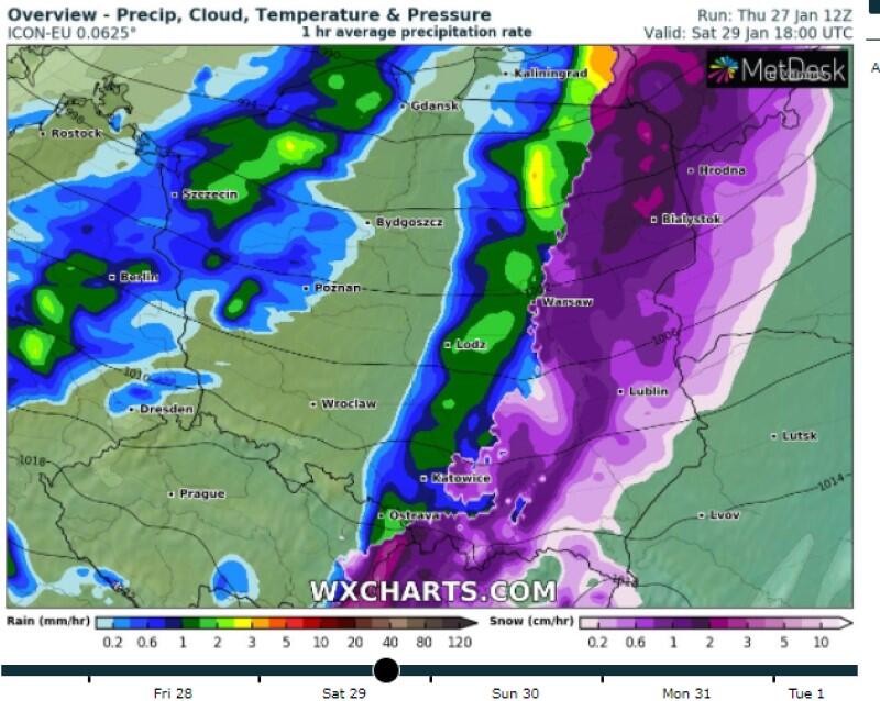 Widoczny na prognozie modelu ICON front ciepły, z postępującym po zachodniej stronie frontem chłodnym
