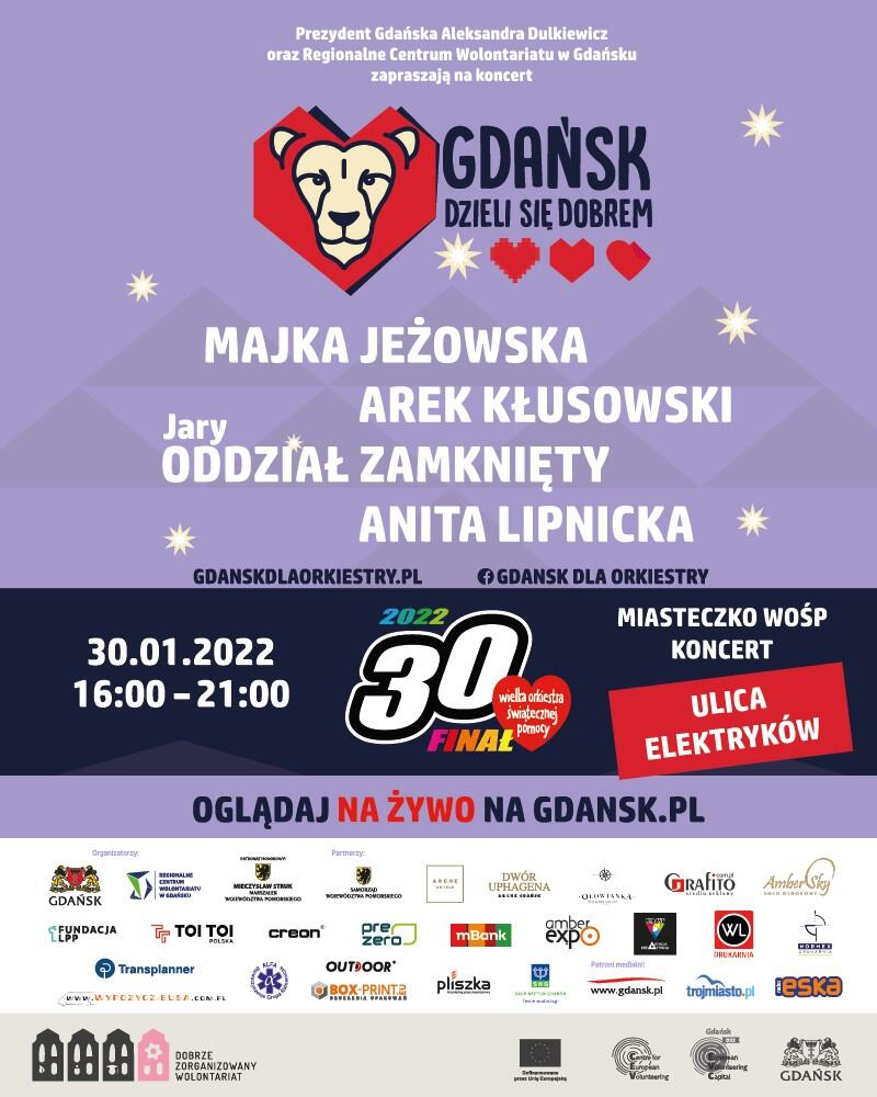 Plakat z aktualnymi danymi na temat gdańskiego 30. finału Wielkiej Orkiestry Świątecznej Pomocy