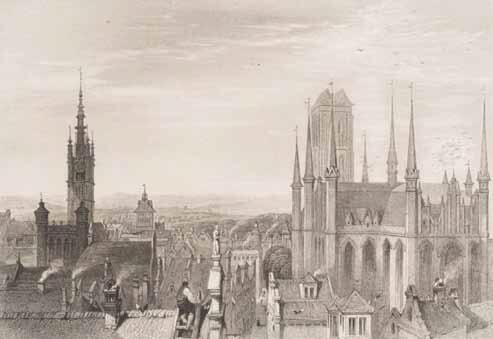 Widok miasta z wieżyczki Domu Angielskiego; rycina W. Woolnotha