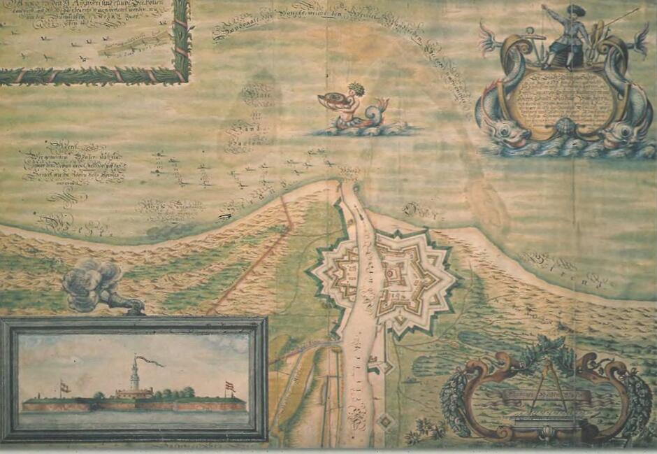 Wyraźnie zaznaczone płycizny oraz tzw. głębia północna łącząca w 1673 roku redę z portem gdańskim (ta ostatnia – z podanymi głębokościami). Plan i widok twierdzy Wisłoujście E Strakowskiego