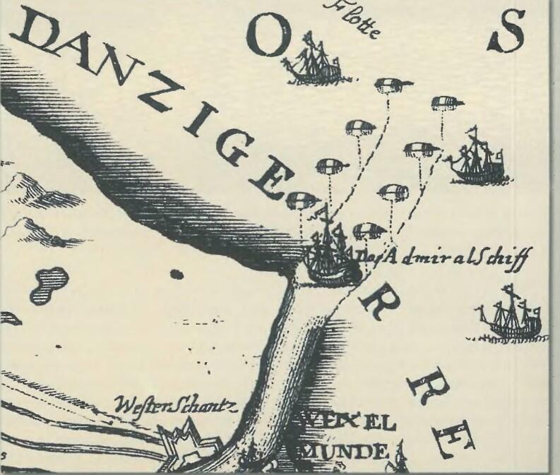 Począwszy od 1593 roku, natychmiast po wiosennych ustąpieniach lodów, wypływała na redę komisja złożona z przedstawicieli wszystkich gdańskich ordynków i badała stan głębi oraz wyznaczała pławami najdogodniejszy dla żeglugi tor wodny do portu, który w krótkim czasie wytyczano zakotwiczonymi beczkami. Molo poprowadzone na północ od twierdzy Wisłoujście (Weixel Munde) chroni wejście do portu przed zapiaszczeniem. Fragment mapy z dzieła Reinholda Curickego