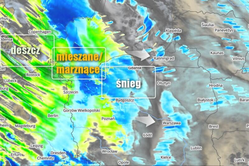 Mapka pokryta nieregularnymi kolorowymi plamami, które symbolizują nadejście frontu niżowego i spodziewane opady śniegu. Plamy niebieskie oznaczają śnieg, plamy żółte, przechodzące w zielone - deszcz ze śniegiem i deszcz