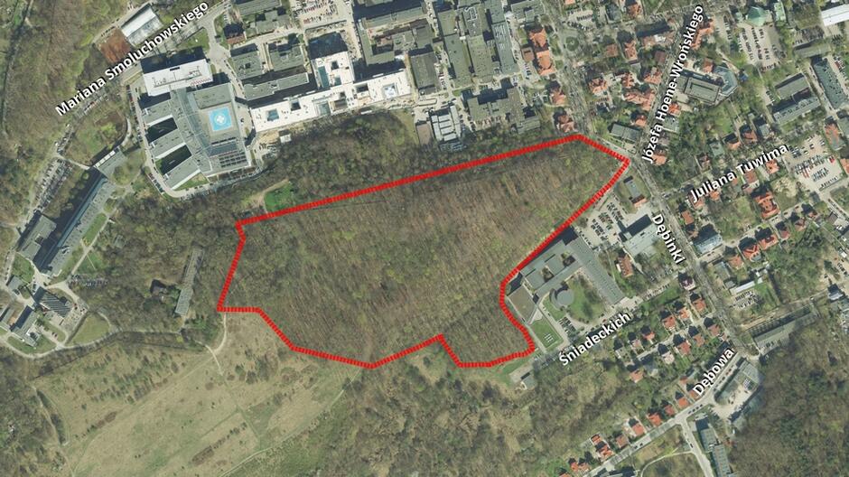 Fragment mapy miasta. Granice projektu planu numer 0864 Aniołki park leśny przy Uniwersyteckim Centrum Klinicznym