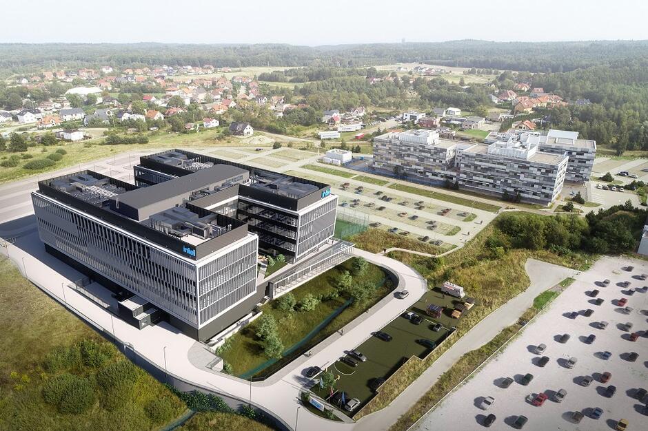 Wizualizacja bryły budynku IGK6 na kampusie Intela w Gdańsku, z prawej - istniejąca zabudowa firmy