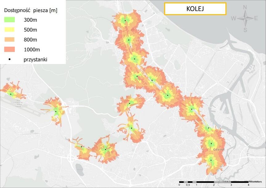 Mapa dostępności pieszej do przystanków transportu kolejowego w Gdańsku, stan na grudzień 2021 r