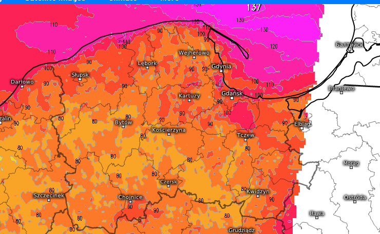 Prognozowane porywy wiatru wg modelu ICON-D2 na sobotnie przedpołudnie - źródło: meteorologix.com